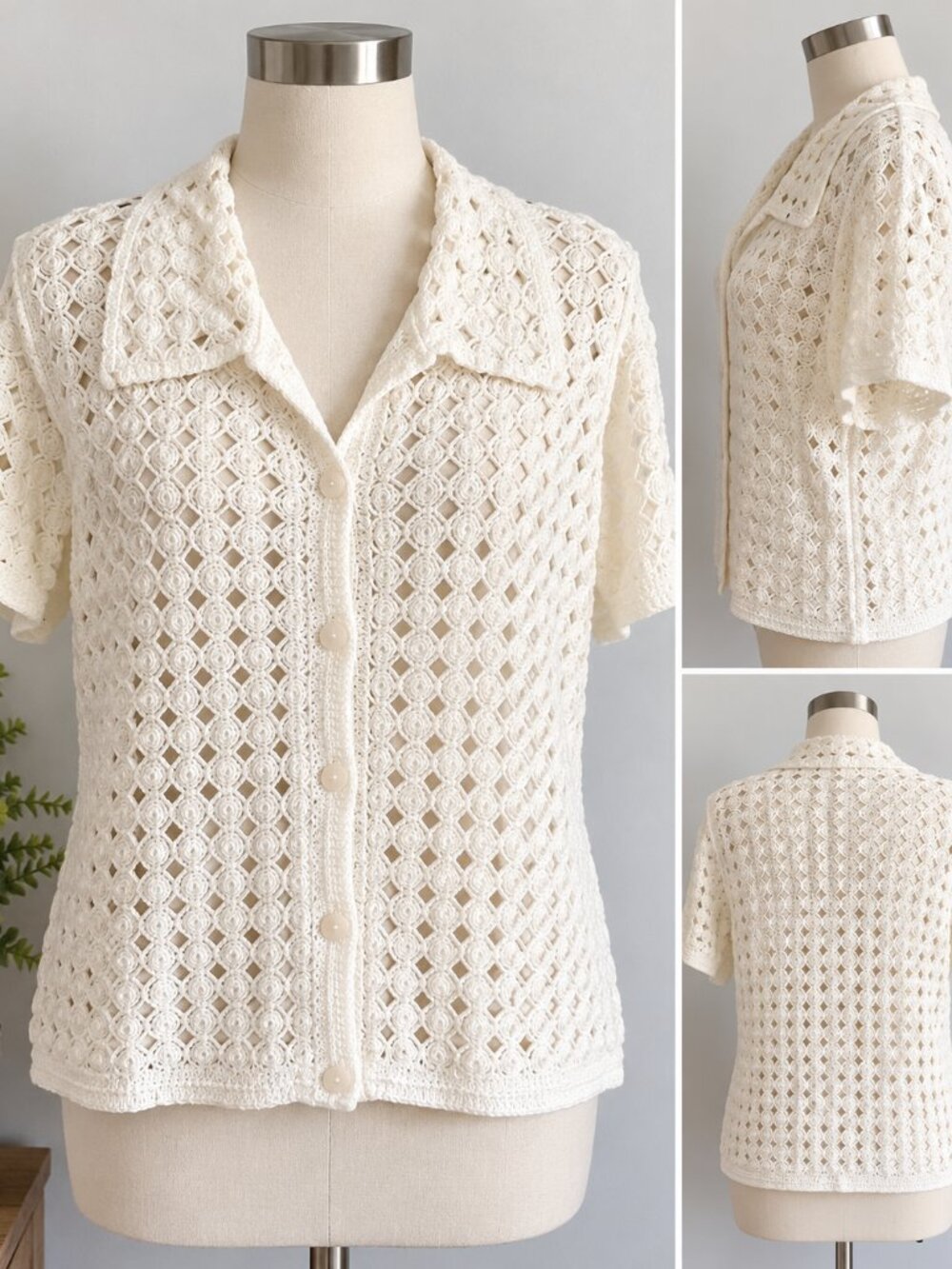 White Crochet Button Front Cardigan Sweater XL 100% Cotton Boho Cottagecore